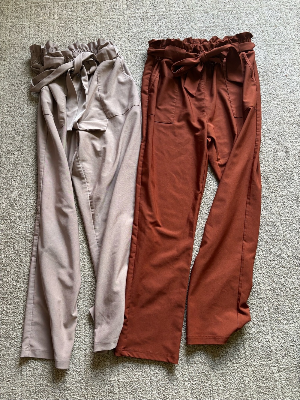 High-Rise Paperbag Waist Pants with Tie Belt - Beige and Rust